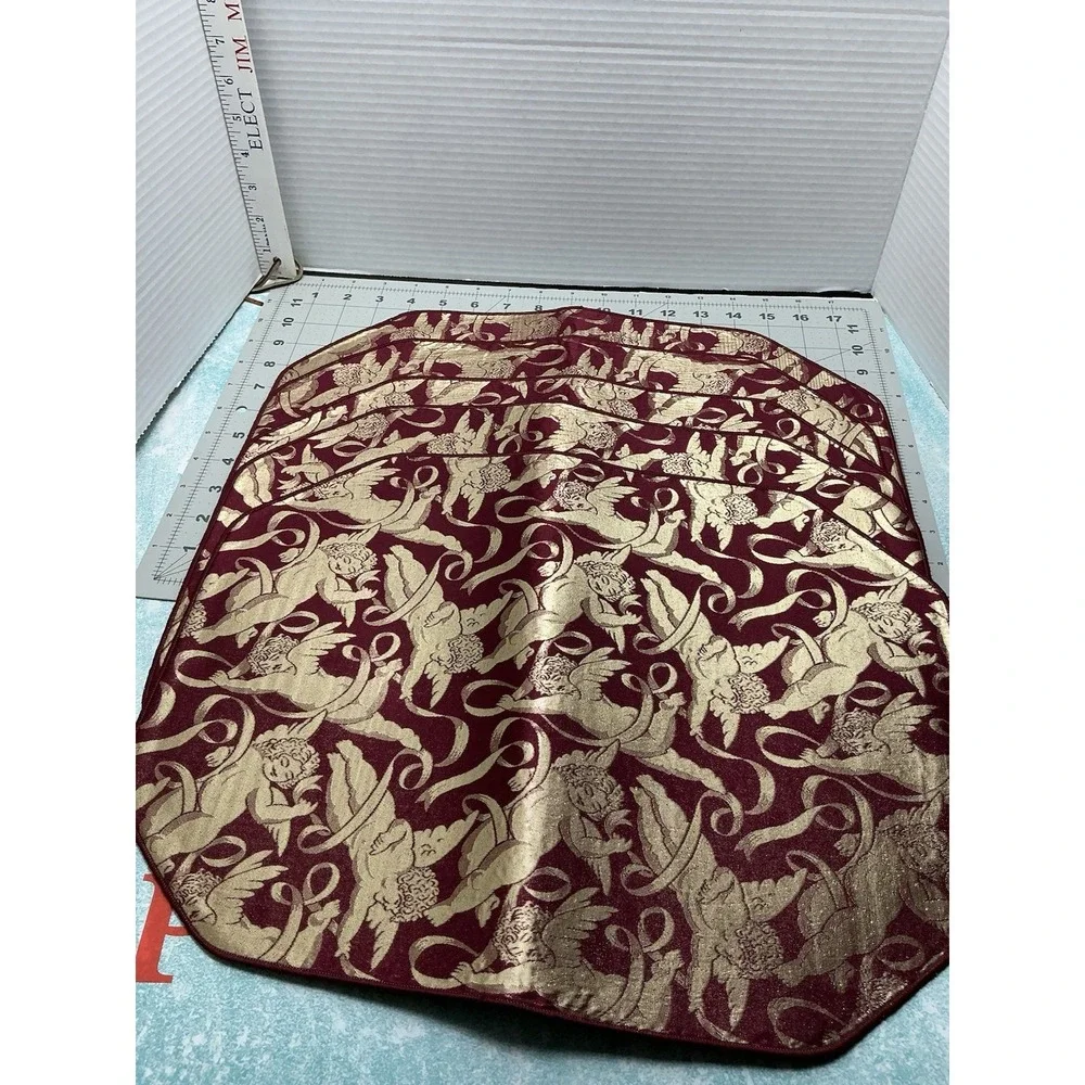 Gold Print Floating Cherub Angels -Placemats Set of 6 Maroon Cotton